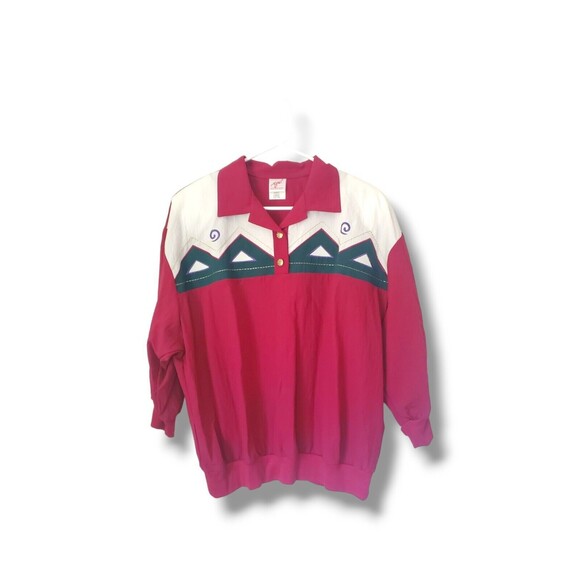 Vintage 80's Geometric Quarter Button Collared Pullover Top Sz L - Picture 1 of 14